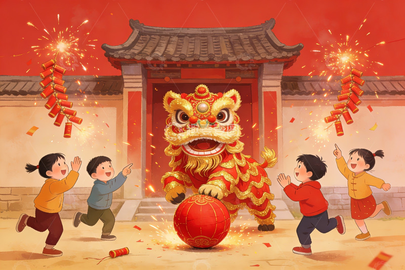 高清大图下载【趣麦麦图】新年舞狮儿童放鞭炮欢乐场景