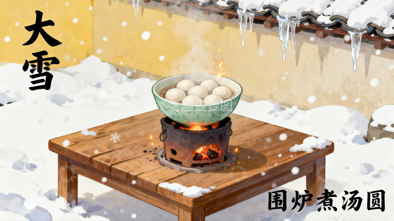 高清大图下载【趣麦麦图】雪天围炉煮汤圆