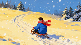 雪地滑板少年冬日畅玩