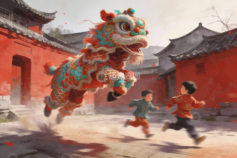 高清大图下载【趣麦麦图】舞狮表演孩童追逐欢乐场景