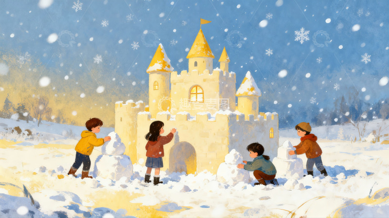 高清大图下载【趣麦麦图】雪地城堡儿童堆雪