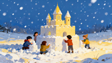 儿童雪地堆砌城堡欢乐场景