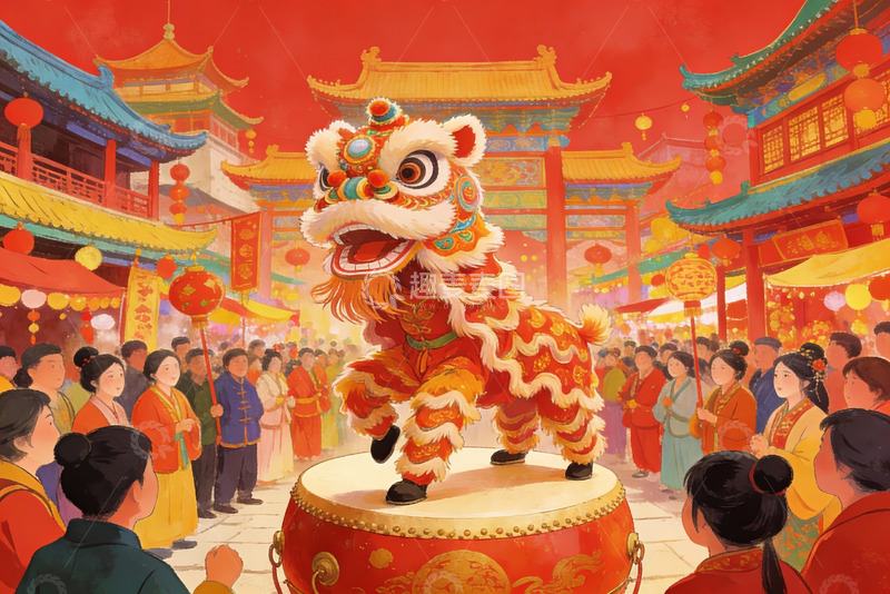 高清大图下载【趣麦麦图】热闹街市舞狮表演欢庆场景