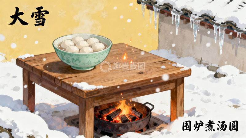 高清大图下载【趣麦麦图】雪天围炉煮汤圆