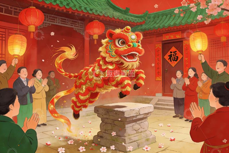 高清大图下载【趣麦麦图】春节舞狮热闹场景