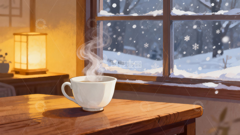 高清大图下载【趣麦麦图】窗边热饮雪景温馨一刻