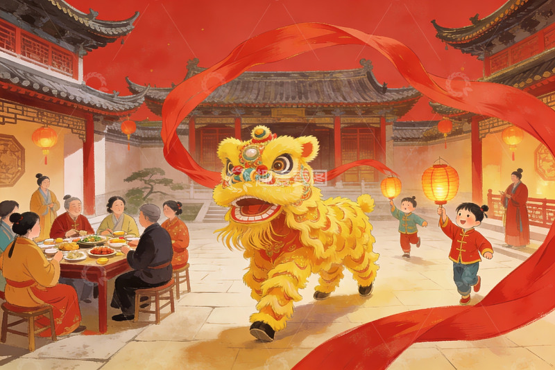 高清大图下载【趣麦麦图】传统舞狮与家庭聚餐场景