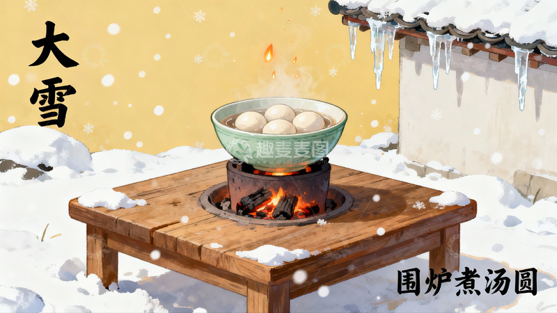 高清大图下载【趣麦麦图】雪天围炉煮汤圆