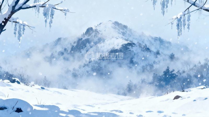高清大图下载【趣麦麦图】雪覆山林雾气缭绕冬日景象