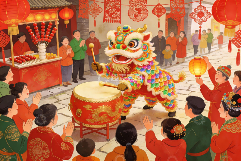 高清大图下载【趣麦麦图】春节舞狮热闹街景