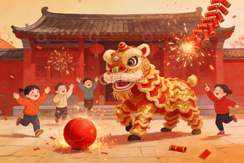 高清大图下载【趣麦麦图】春节舞狮儿童欢庆场景