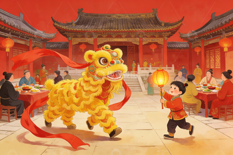 高清大图下载【趣麦麦图】传统舞狮与灯笼孩童庭院欢庆