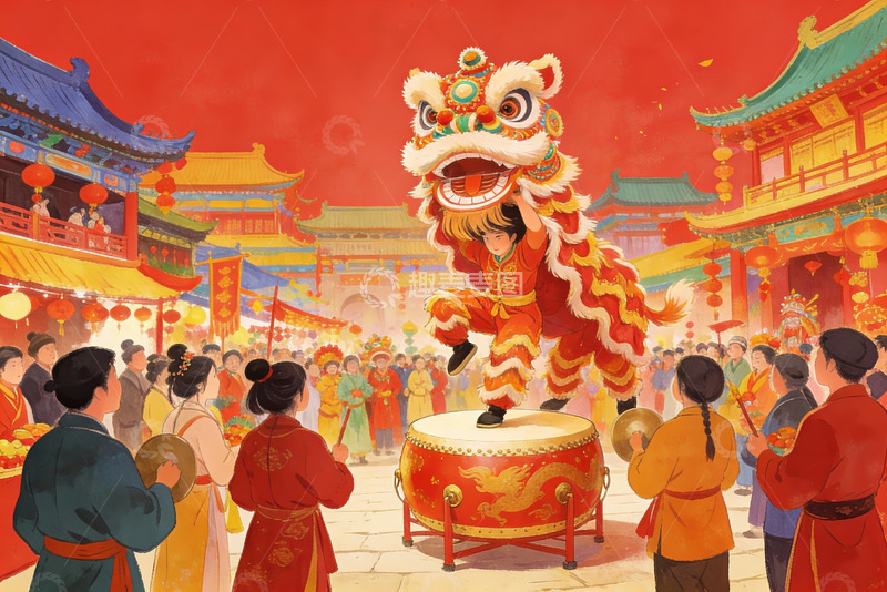 高清大图下载【趣麦麦图】热闹街市舞狮表演欢庆场景