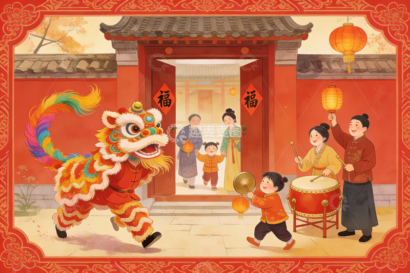 高清大图下载【趣麦麦图】春节舞狮欢庆场景