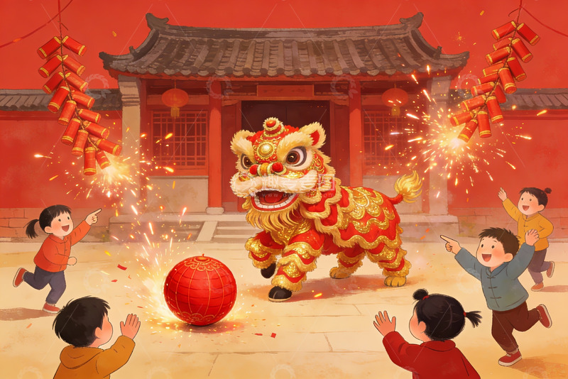 高清大图下载【趣麦麦图】春节舞狮儿童欢庆场景