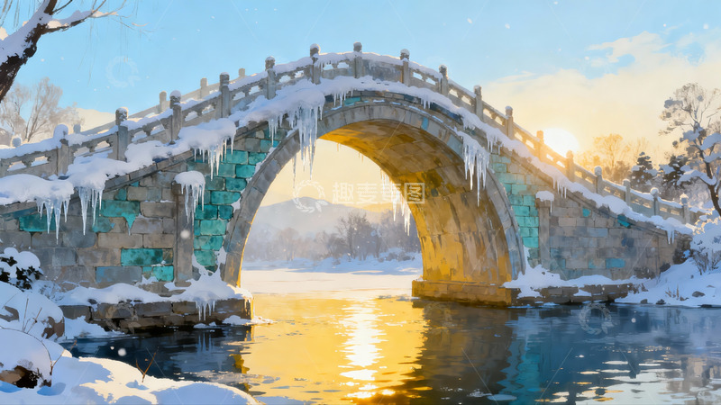 高清大图下载【趣麦麦图】雪覆古桥映水景