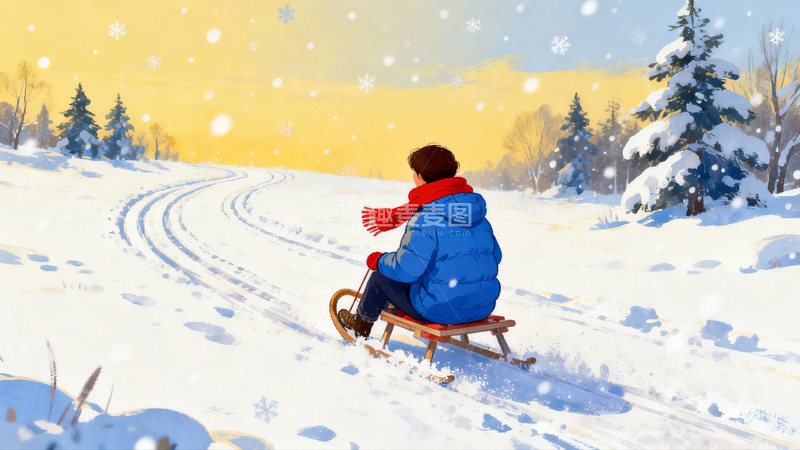 高清大图下载【趣麦麦图】雪地滑橇少年冬日风景