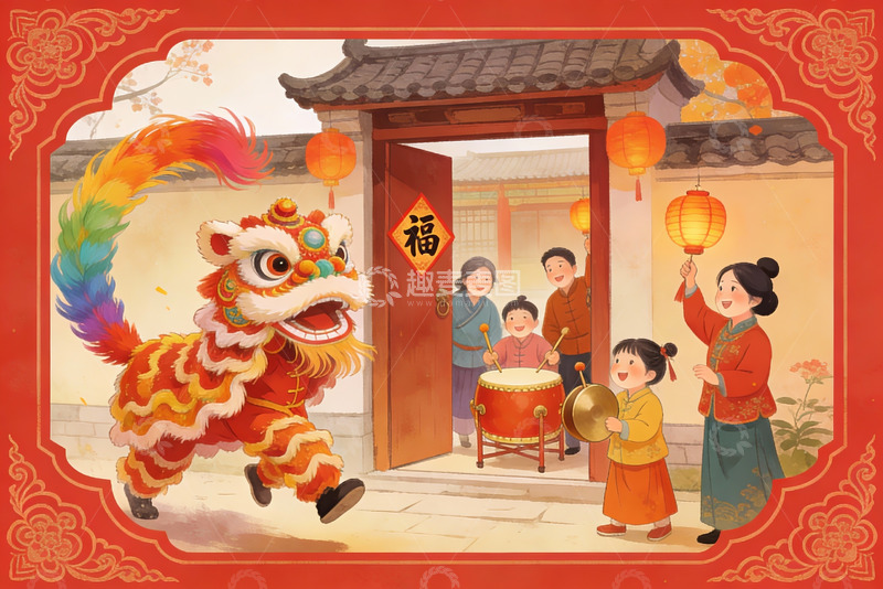 高清大图下载【趣麦麦图】春节舞狮欢庆场景