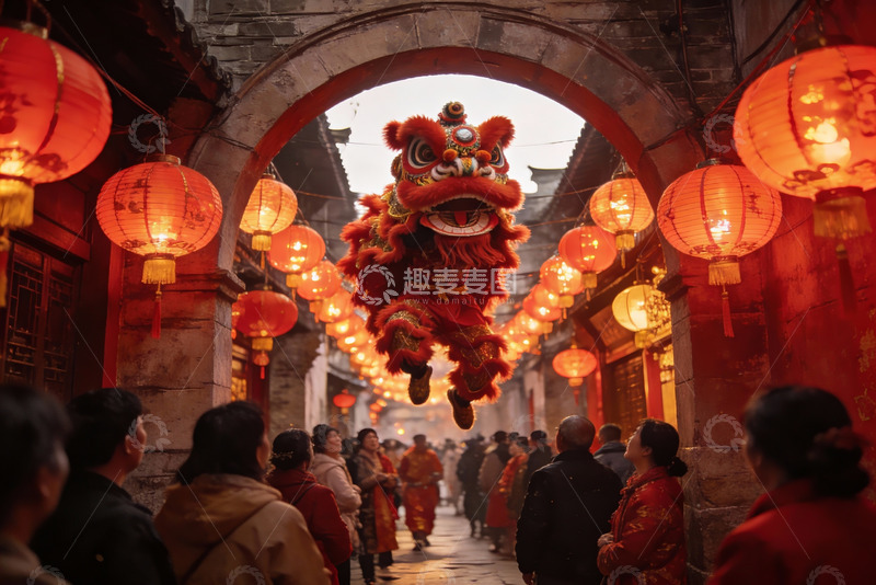 高清大图下载【趣麦麦图】古街舞狮闹元宵