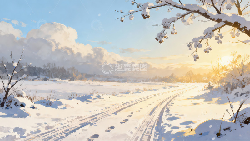 高清大图下载【趣麦麦图】雪地小径夕阳美景