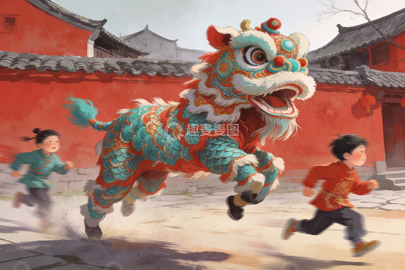 高清大图下载【趣麦麦图】舞狮表演儿童追逐欢乐场景