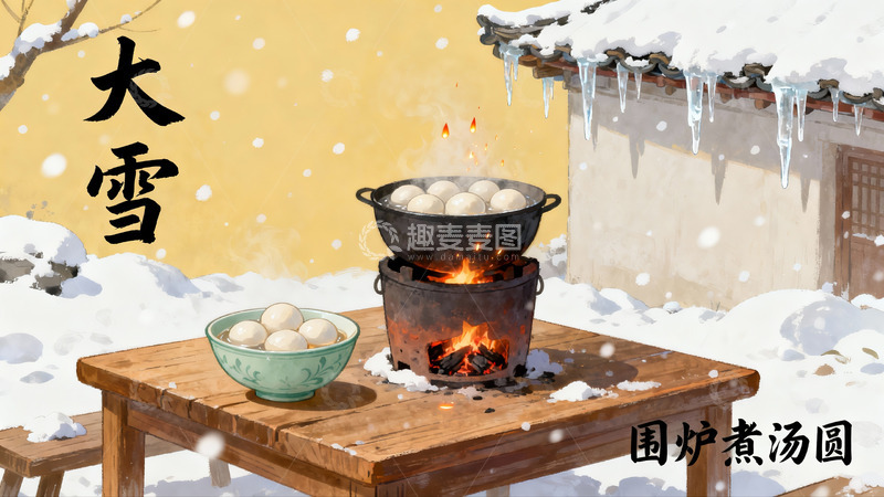 高清大图下载【趣麦麦图】雪天围炉煮汤圆
