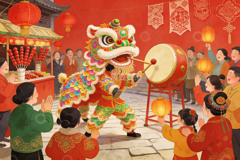 高清大图下载【趣麦麦图】热闹舞狮庆新春