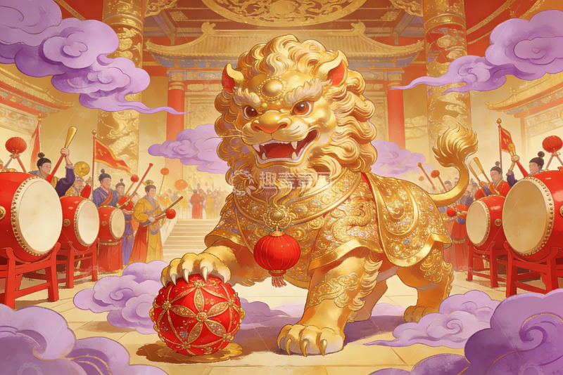 高清大图下载【趣麦麦图】金色狮子舞庆典场景