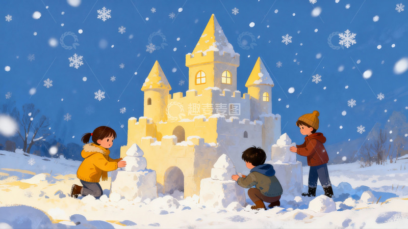 高清大图下载【趣麦麦图】雪地城堡儿童堆雪