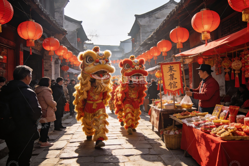 高清大图下载【趣麦麦图】古街舞狮庆典热闹非凡