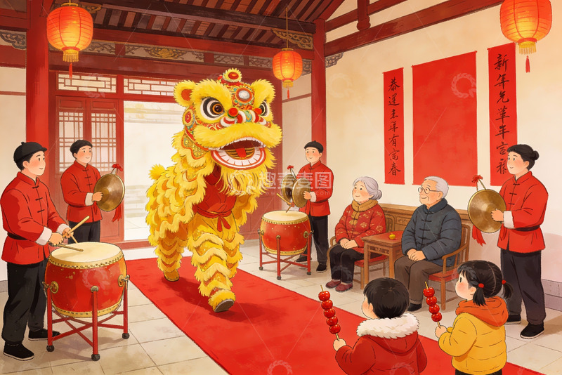 高清大图下载【趣麦麦图】新年舞狮热闹场景