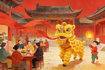 传统节日舞狮宴饮场景
