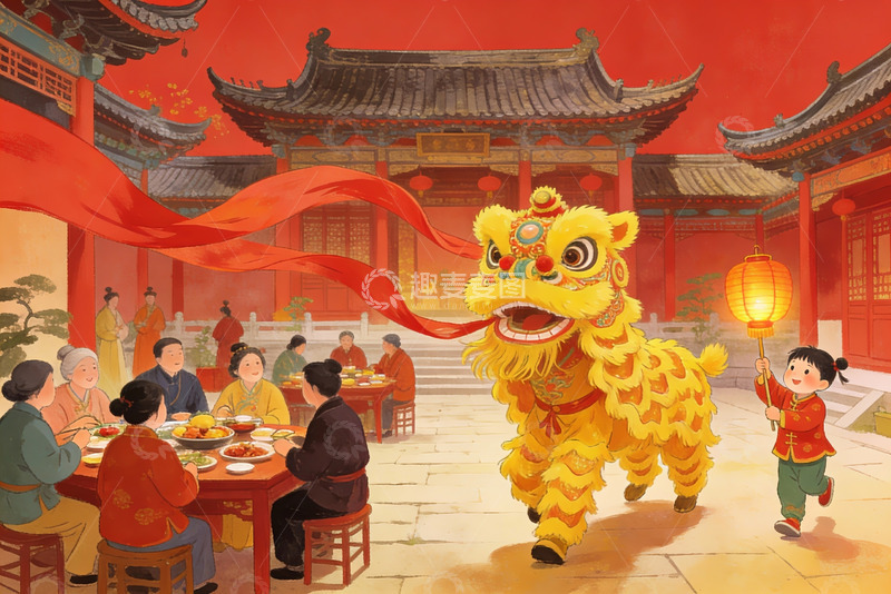 高清大图下载【趣麦麦图】传统节日舞狮宴饮场景