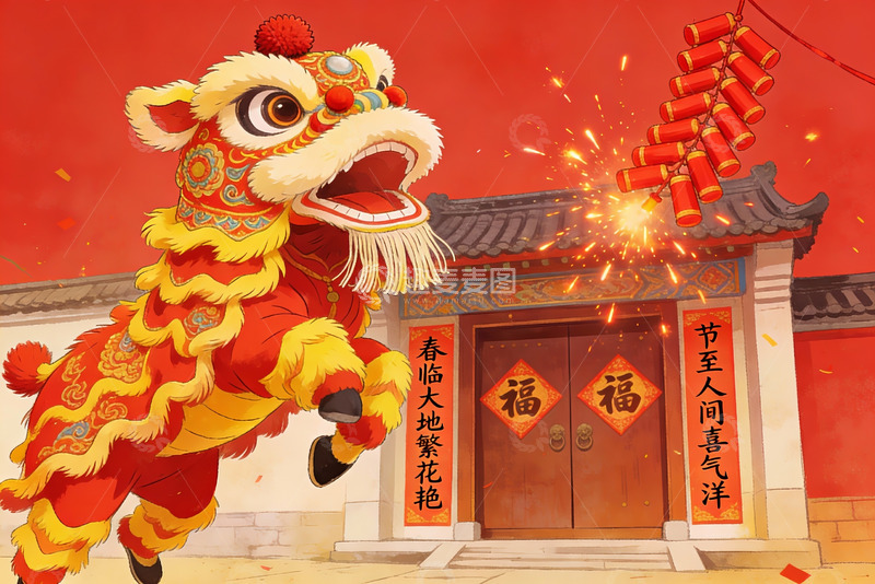 高清大图下载【趣麦麦图】春节舞狮烟花庆祝场景