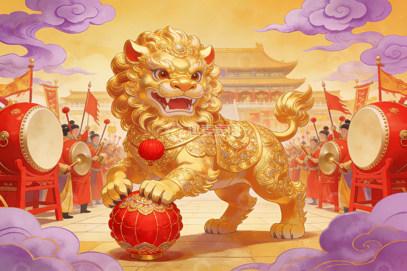 高清大图下载【趣麦麦图】金色舞狮红球鼓乐齐鸣