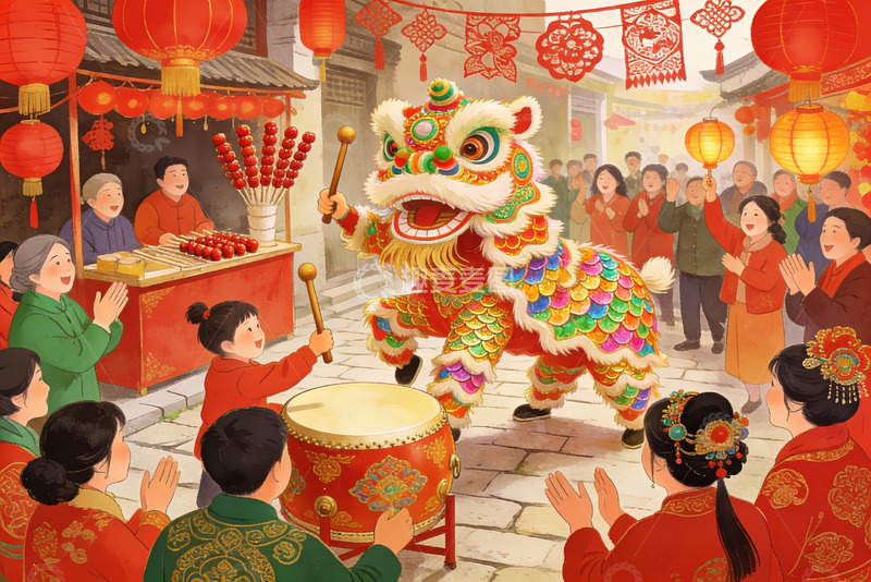 高清大图下载【趣麦麦图】热闹的舞狮表演庆祝节日