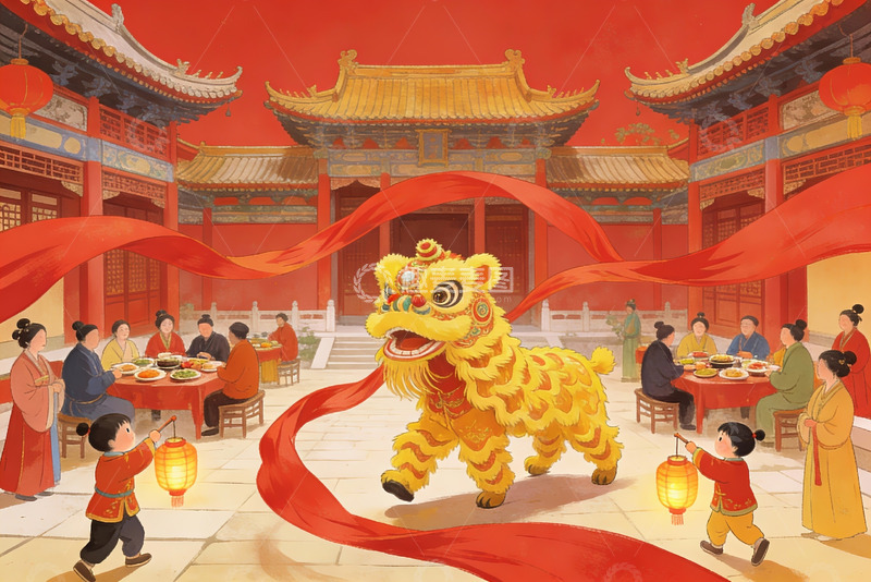 高清大图下载【趣麦麦图】传统舞狮庆典场景