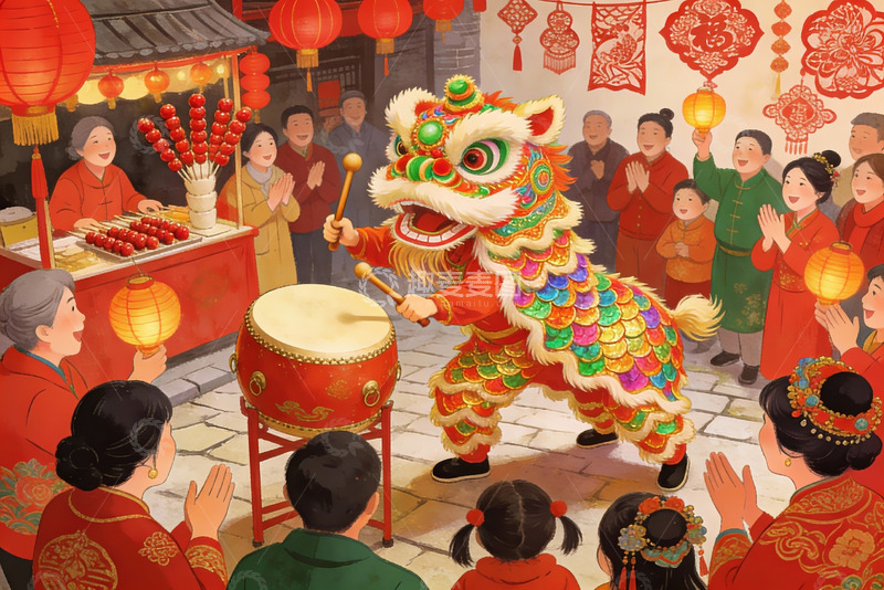 高清大图下载【趣麦麦图】春节舞狮热闹场景