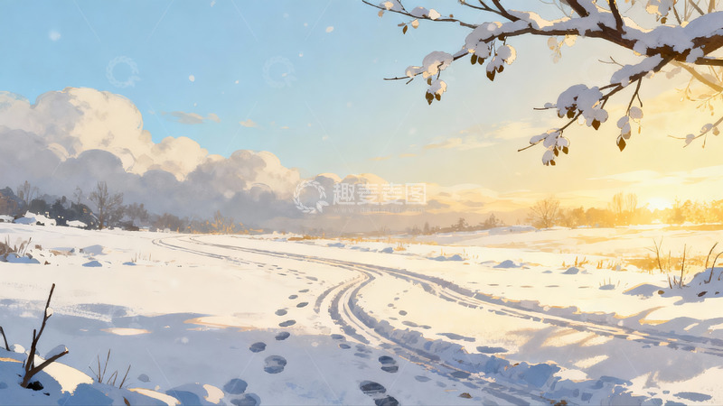 高清大图下载【趣麦麦图】雪地小径夕阳映照