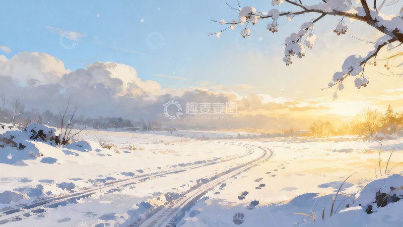 高清大图下载【趣麦麦图】雪地小径夕阳美景