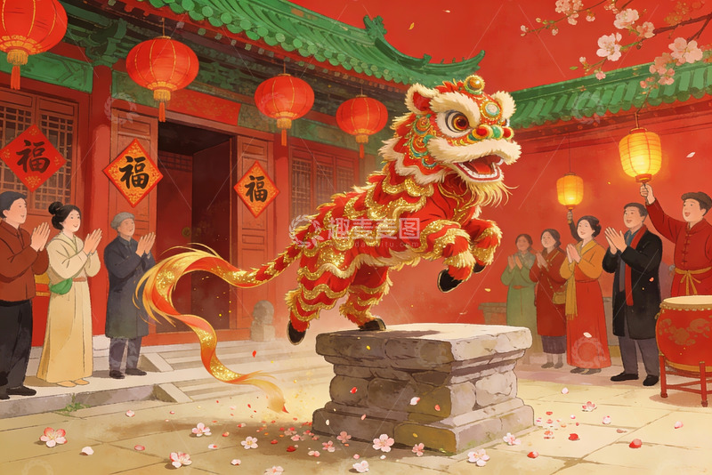 高清大图下载【趣麦麦图】春节舞狮热闹场景