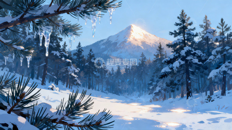 高清大图下载【趣麦麦图】雪覆松林雪山静谧冬景
