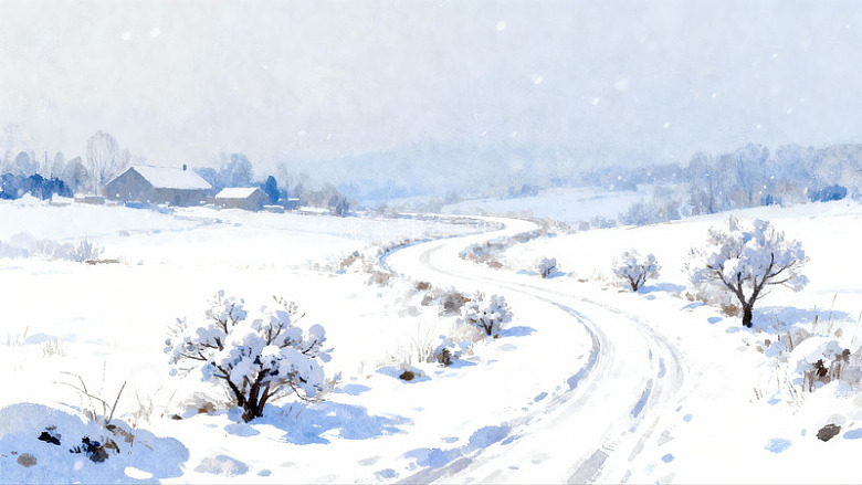 雪景小路蜿蜒乡村