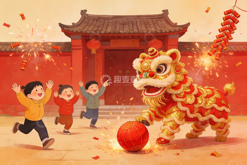 高清大图下载【趣麦麦图】春节舞狮儿童欢庆场景
