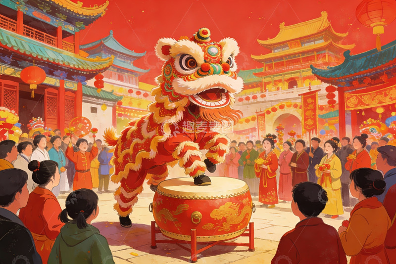 高清大图下载【趣麦麦图】春节舞狮热闹场景