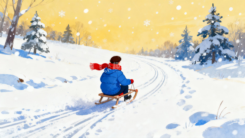 高清大图下载【趣麦麦图】雪地滑橇冬日欢乐场景