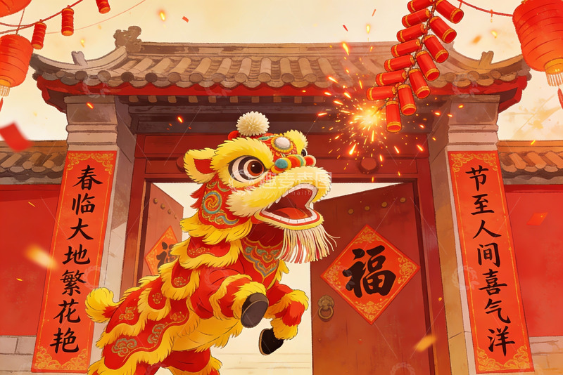 高清大图下载【趣麦麦图】春节舞狮烟花喜庆门楼