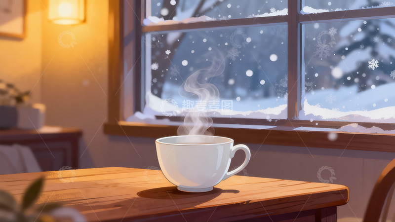 高清大图下载【趣麦麦图】窗边热饮雪景静谧时光