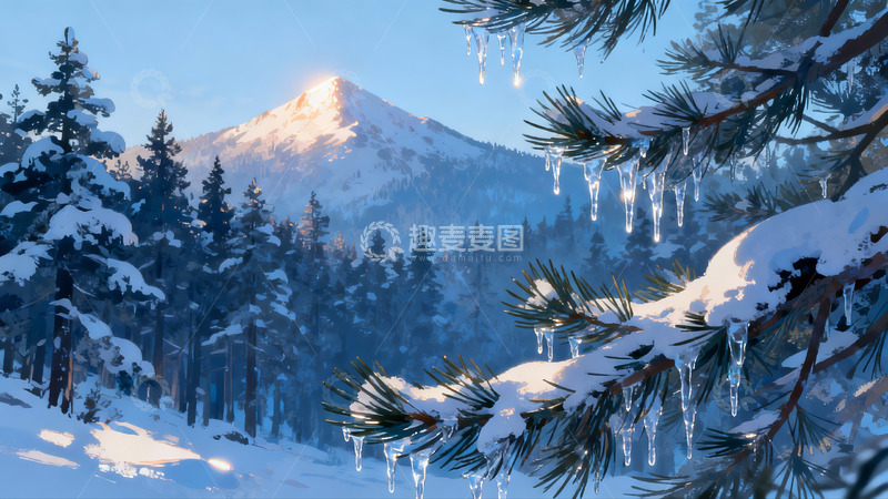 高清大图下载【趣麦麦图】雪覆松林山峰日出美景