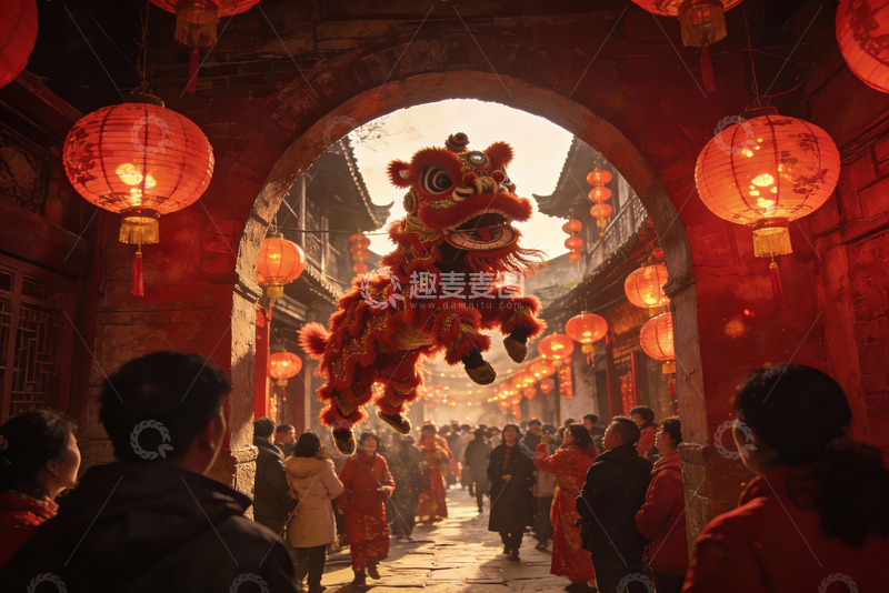 高清大图下载【趣麦麦图】红灯笼下舞狮迎新春